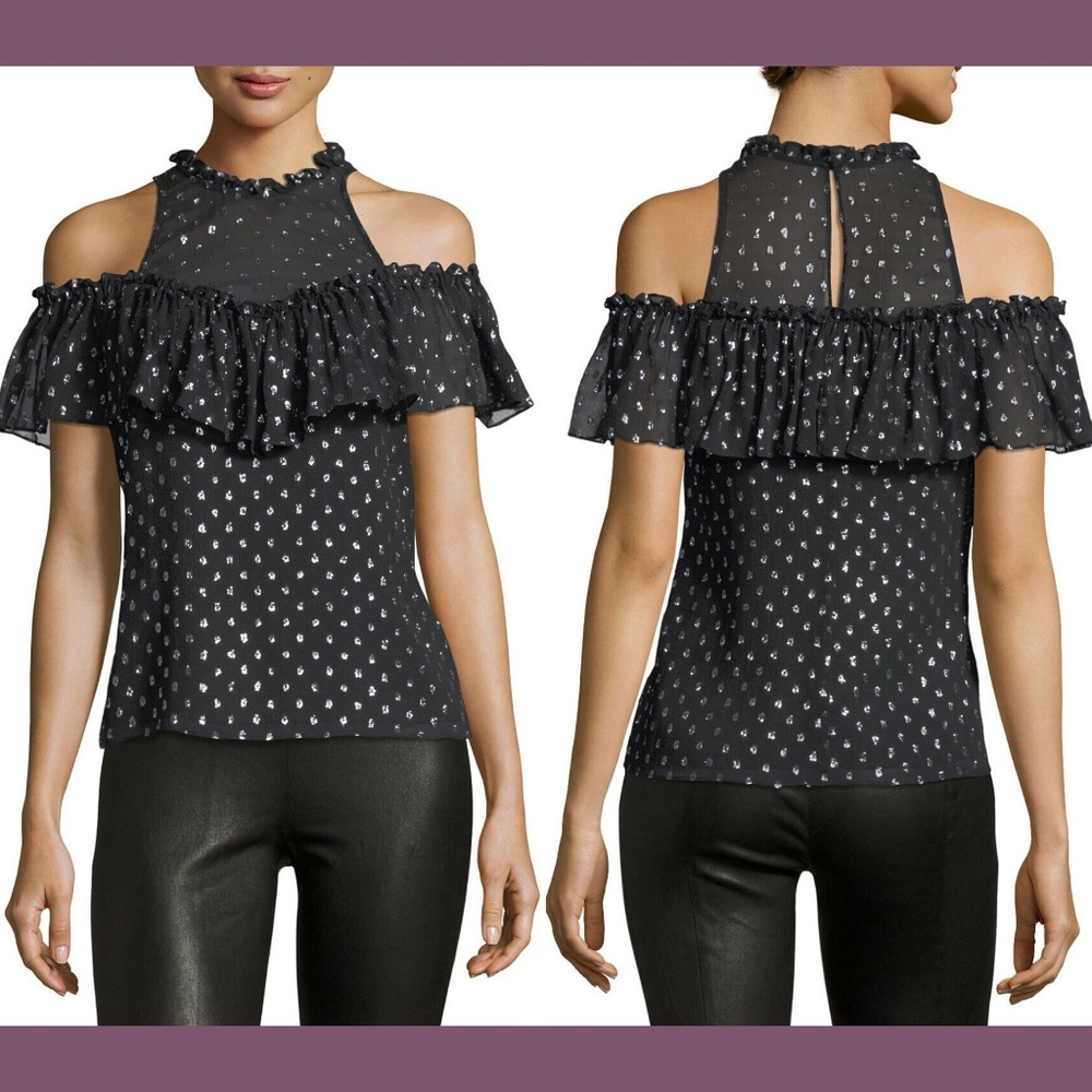 NWT $350 Rebecca Taylor‎ Silk Blend Cold Shoulder Metallic Dot Blouse [SZ 0 ]